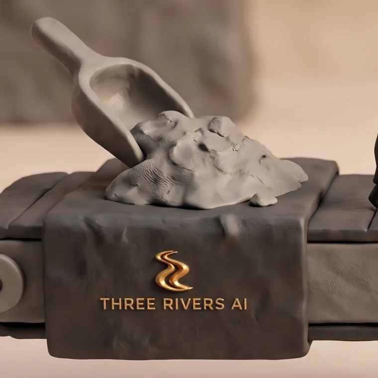 A clay scoop pouring raw gray clay onto a charcoal cloth marked with the Three Rivers AI logo.