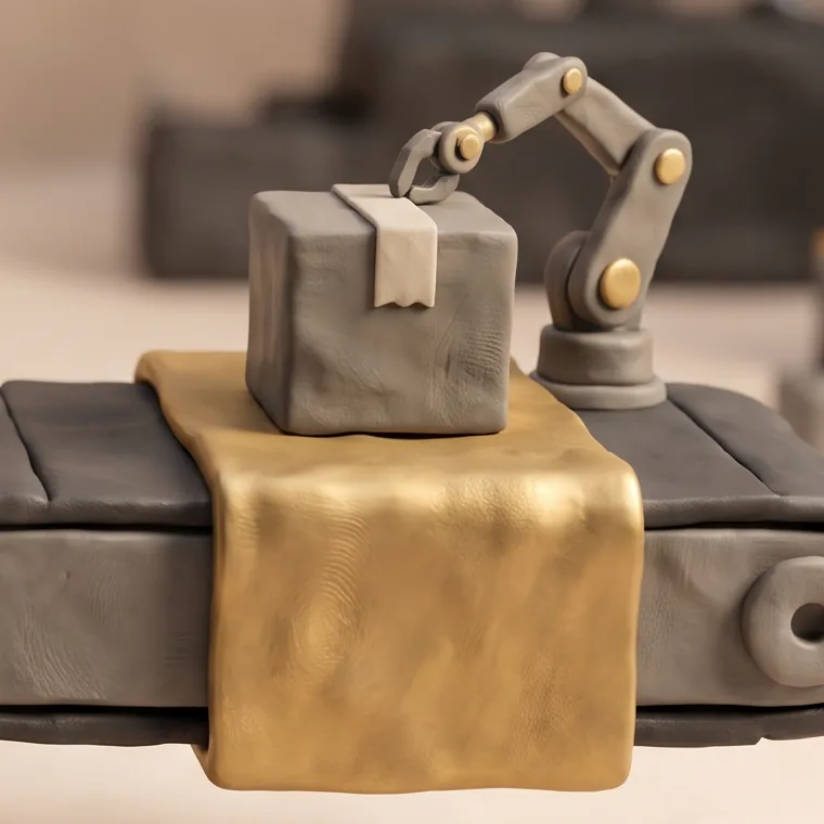 A clay robot arm lifting a wrapped package off a gold cloth at the end of the conveyor.