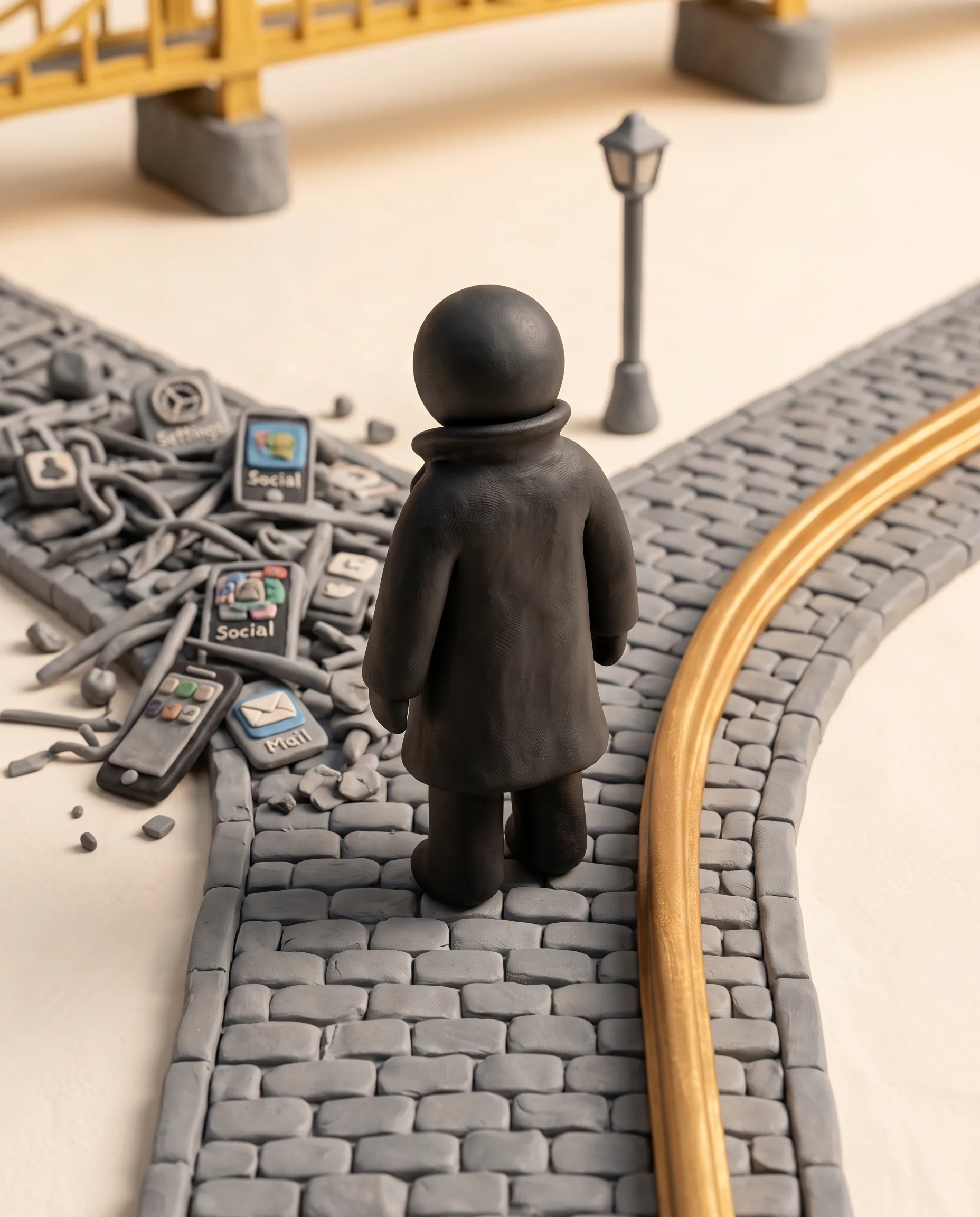 Duke stands at a fork in a cobblestone path. One branch is buried in tangled cables and app icons, the other is a single clean gold rail leading toward a yellow Pittsburgh bridge.