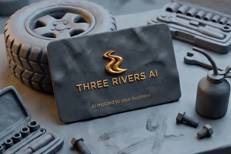 Three Rivers AI clay business card on a garage bench with a tire and socket set, for auto repair.