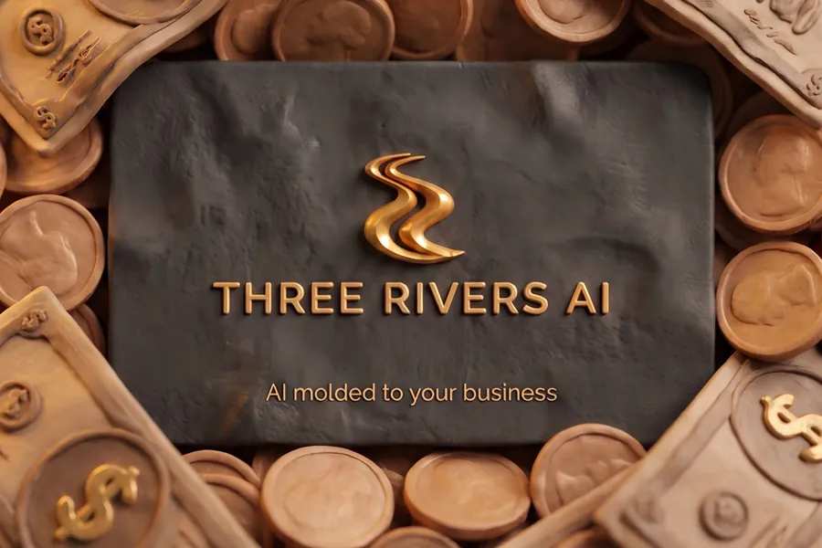 Three Rivers AI clay business card on a pile of clay coins and bills, for finance and accounting.