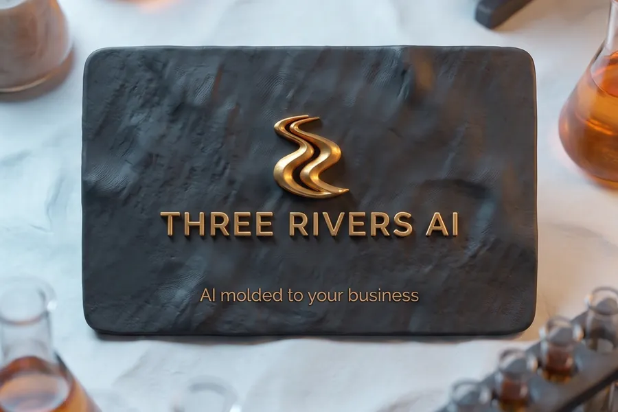 Three Rivers AI clay business card on a lab bench with clay flasks and a microscope.