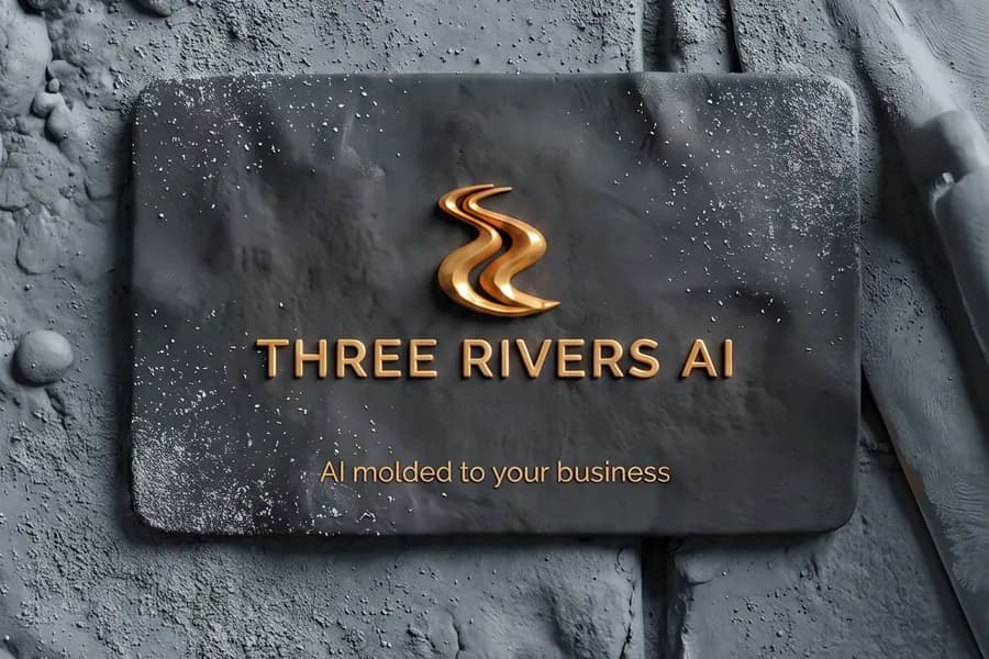 Three Rivers AI clay business card on a clay stone wall, for masonry.