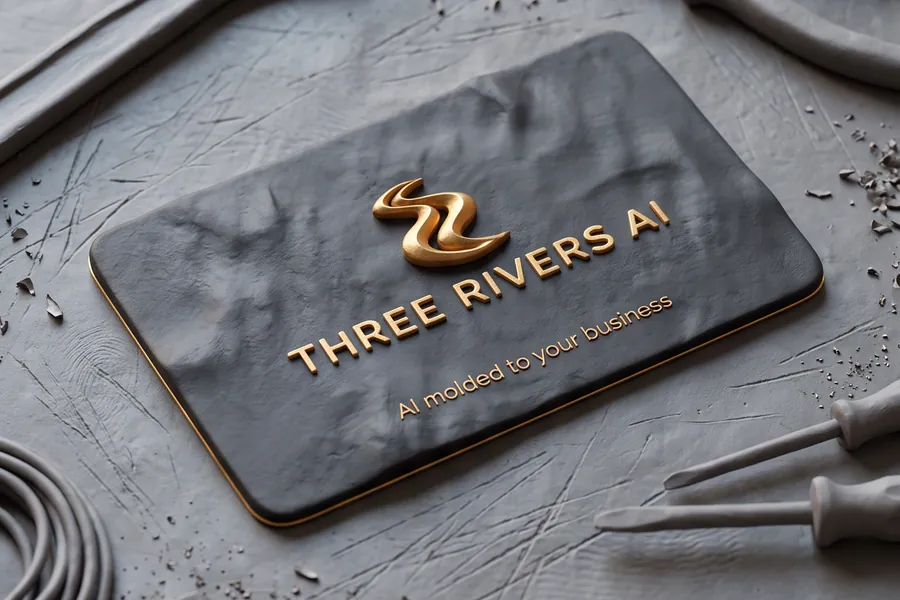 Three Rivers AI clay business card on a bench with a wrench, pliers and wire, for the trades.