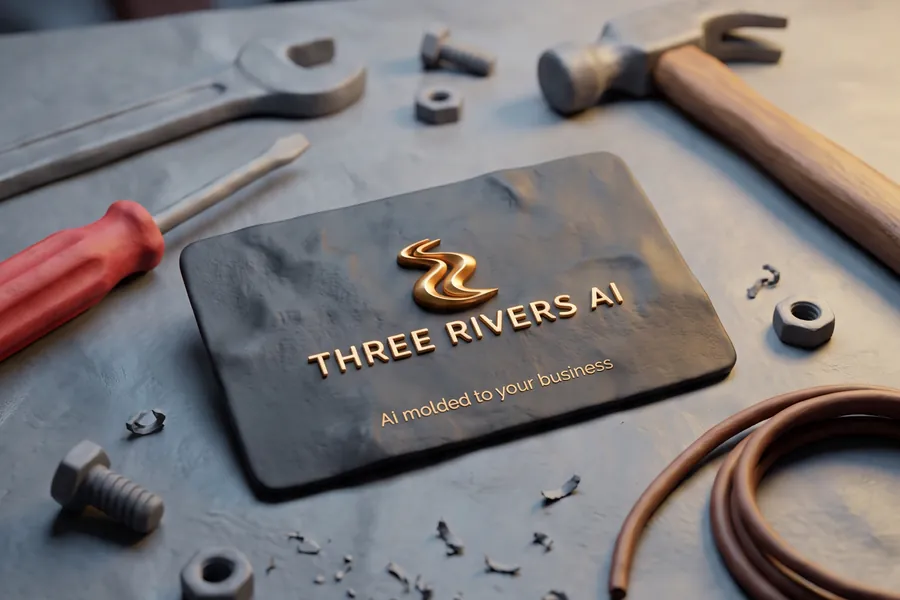 Three Rivers AI clay business card on a workbench with a hammer, wrench and screwdriver.