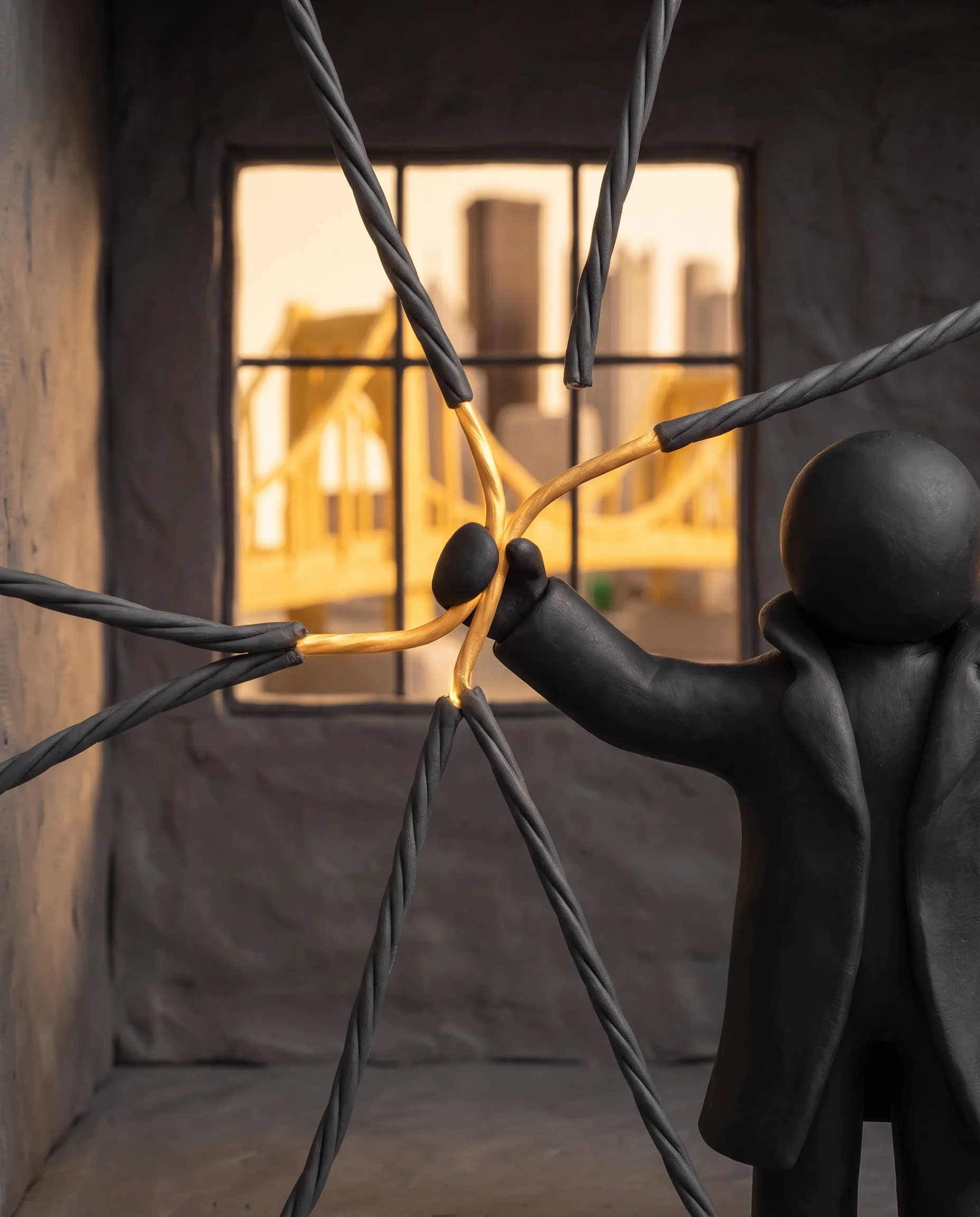 Duke reaches up and pulls a web of twisted dark cables together into a single gold knot in his hand, with a yellow Pittsburgh bridge and skyline in the window behind.