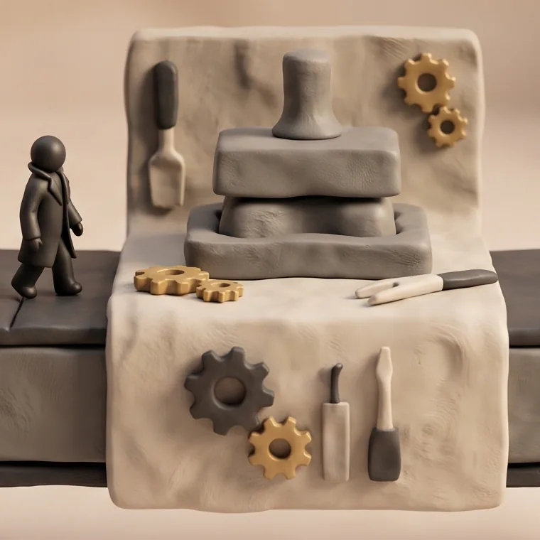 Duke walks toward a clay press molding a gray block into shape, with small gold gears and hand tools beside it.