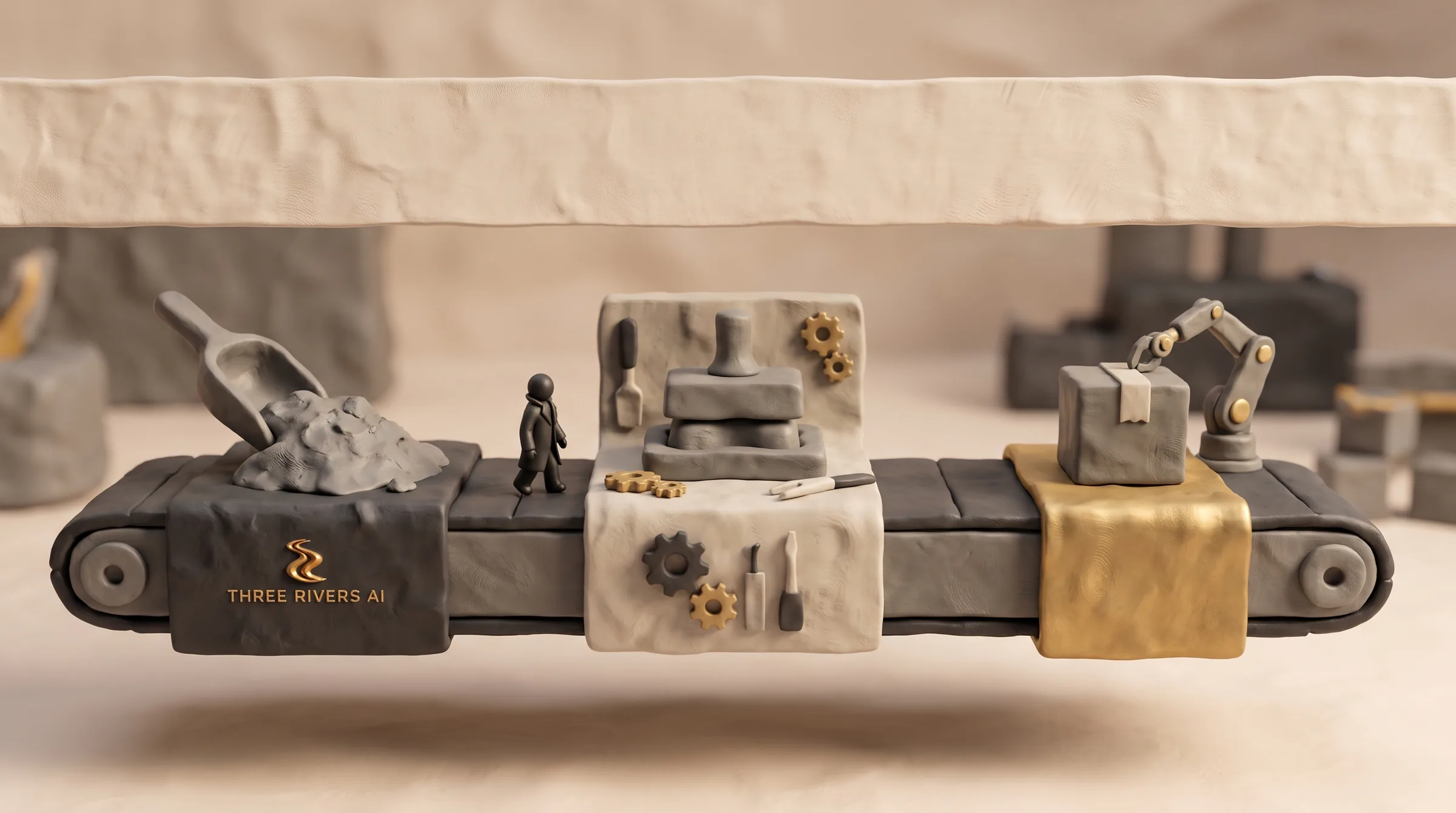 Clay miniature of Duke, a faceless figure in a long black coat, walking along a three-stage conveyor on a cream tabletop: a scoop of raw gray clay, a press molding it into shape, and a finished package lifted off a gold cloth.