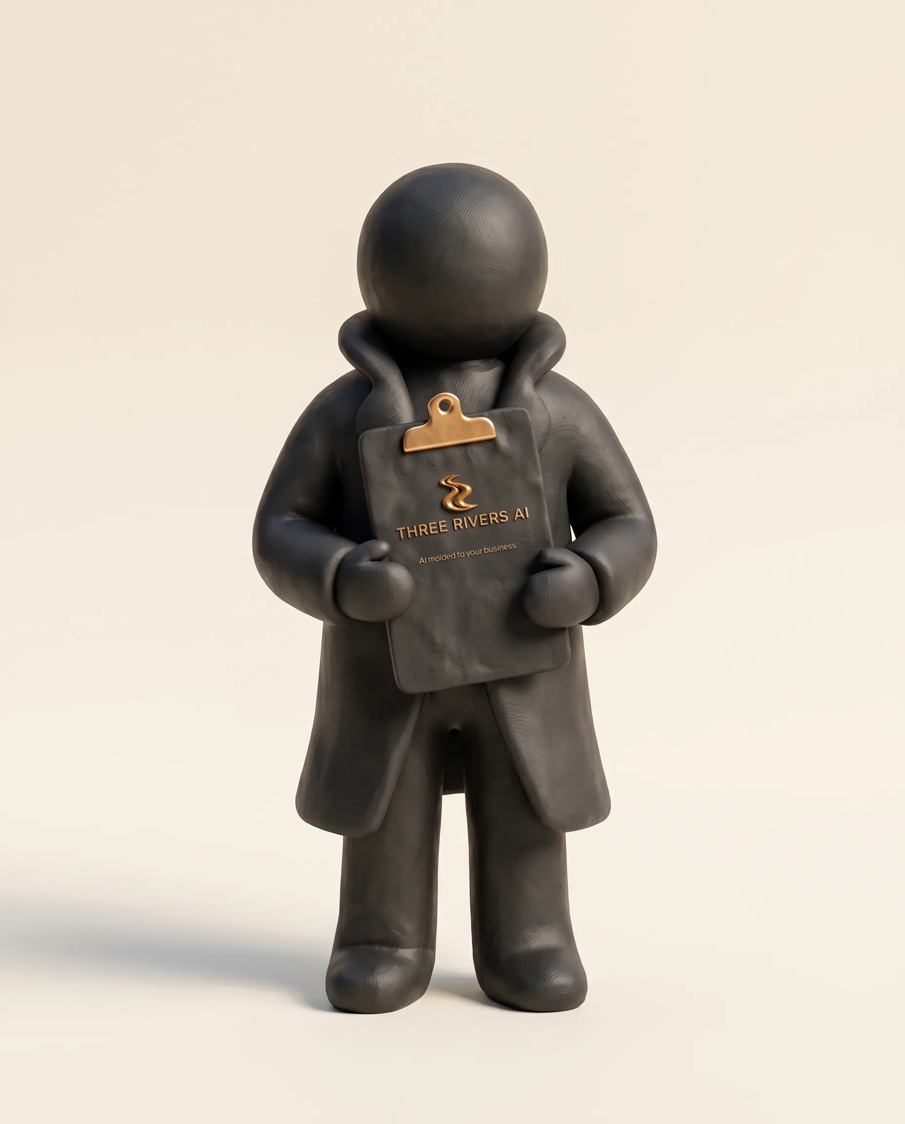 Duke holding a clay clipboard with a gold clip, the Three Rivers AI logo and the words AI molded to your business.