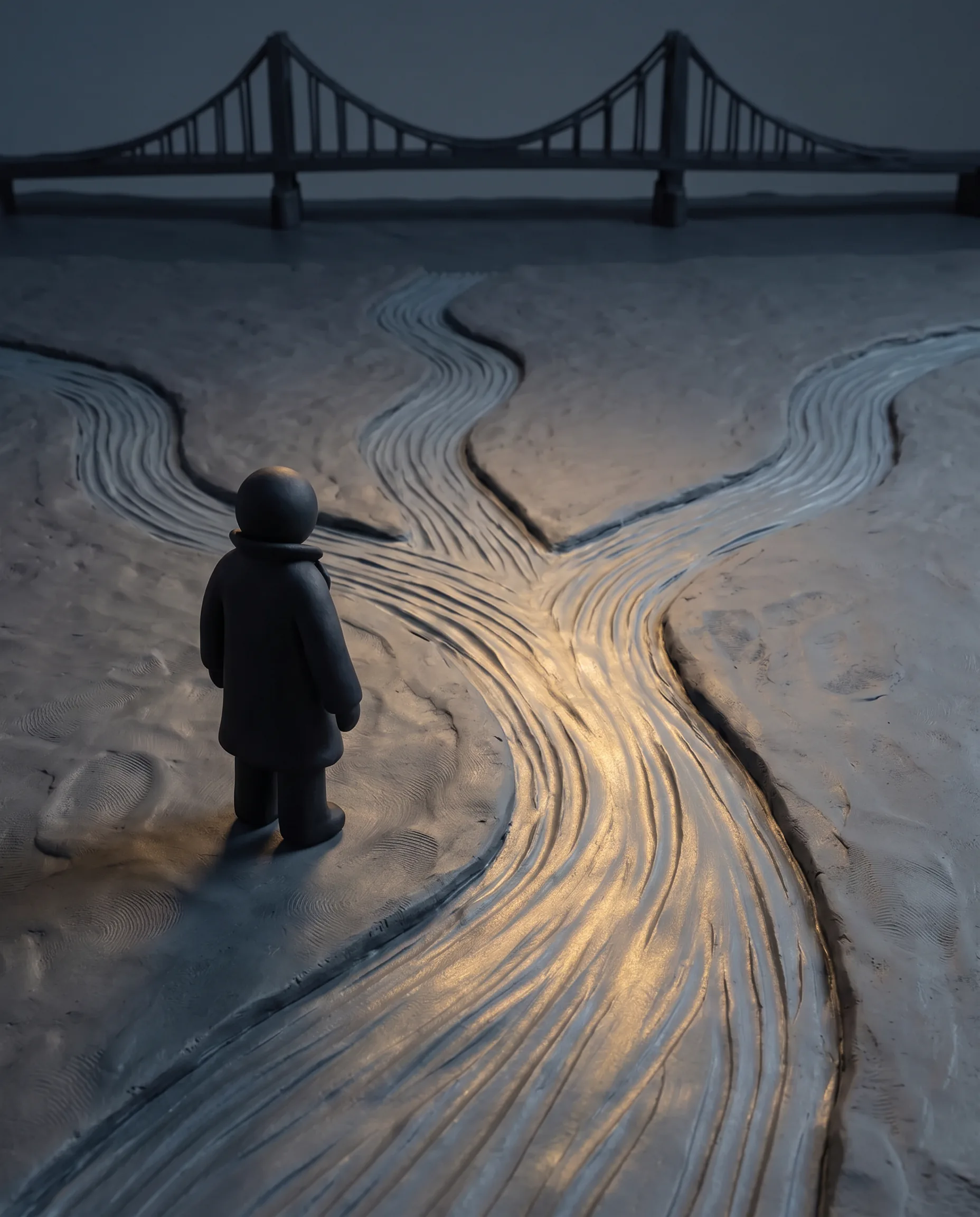 Duke on a clay riverbank where three silver rivers meet and become one river glowing gold, with a bridge in the distance.