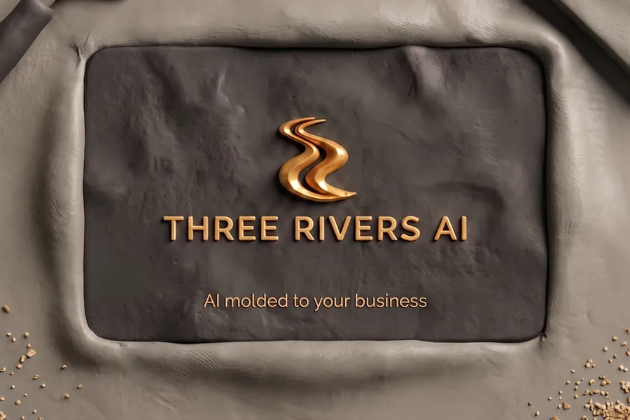 Three Rivers AI clay business card pressed into clay beside a trowel, a level and gravel, for construction.