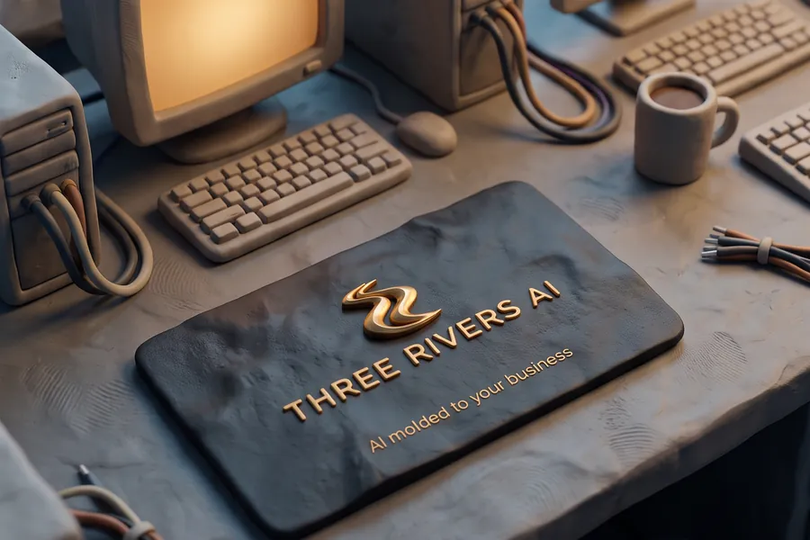 Three Rivers AI clay business card on a desk of clay computers, for IT.