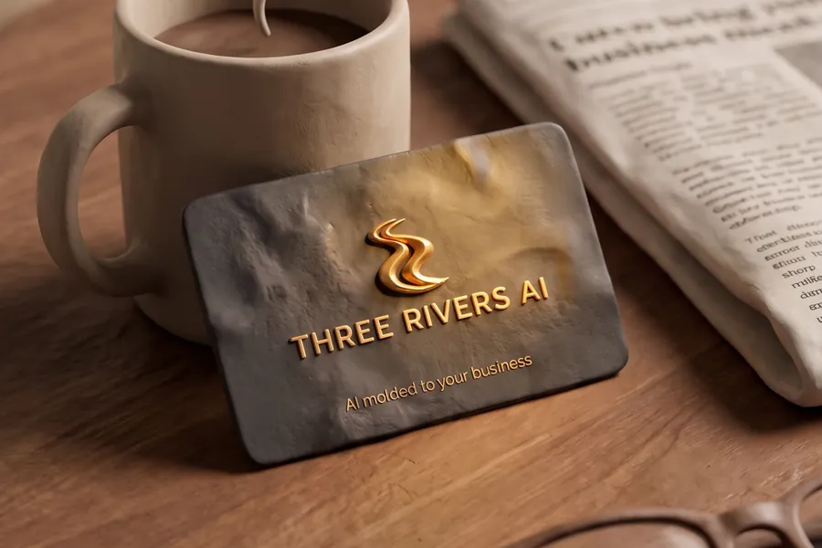 Three Rivers AI clay business card leaning on a coffee mug beside a newspaper.