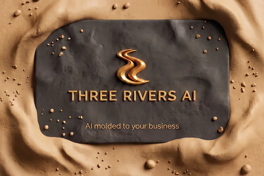 Three Rivers AI clay business card pressed into sandy clay.