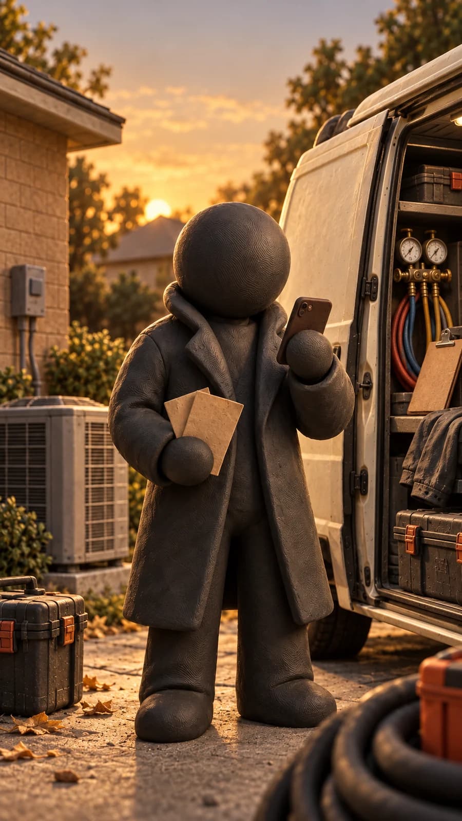 A clay figure in a long coat holds a phone and paper slips beside an open service van at sunset.