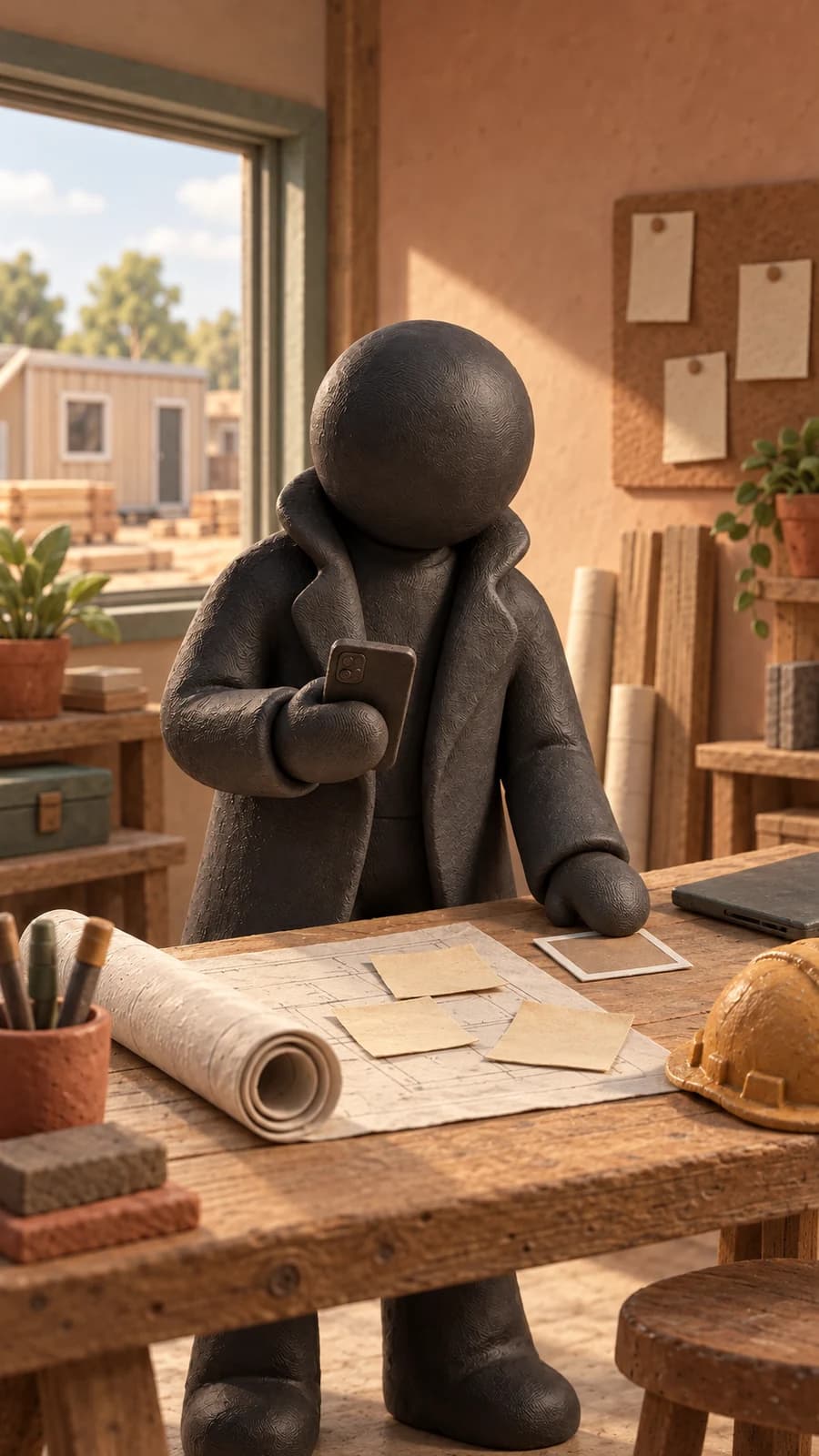 A clay figure checks a phone at a wooden table with rolled drawings, notes and a hard hat.