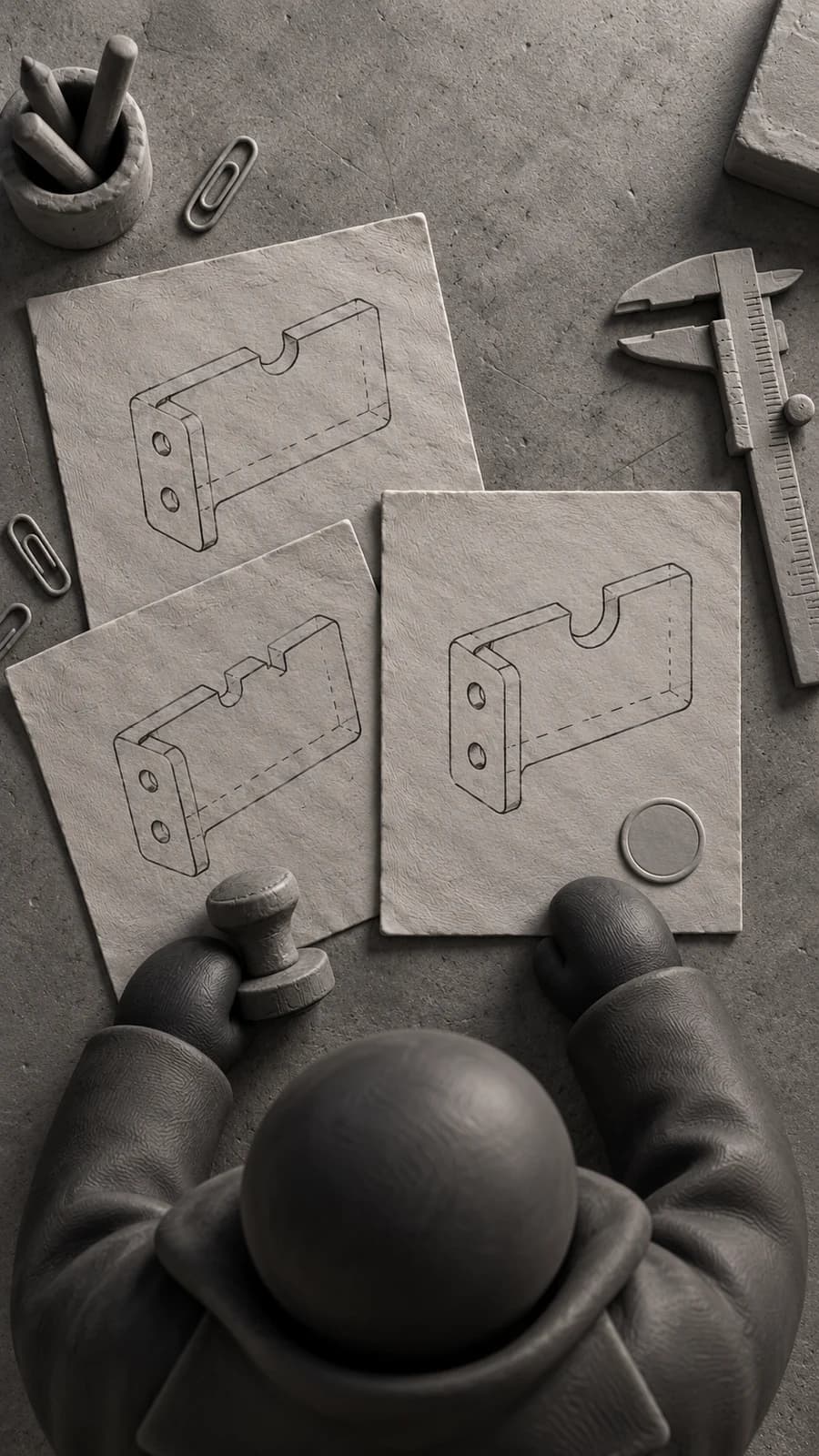 Overhead view of a clay figure at a shop bench with part drawings, calipers and a stamp.