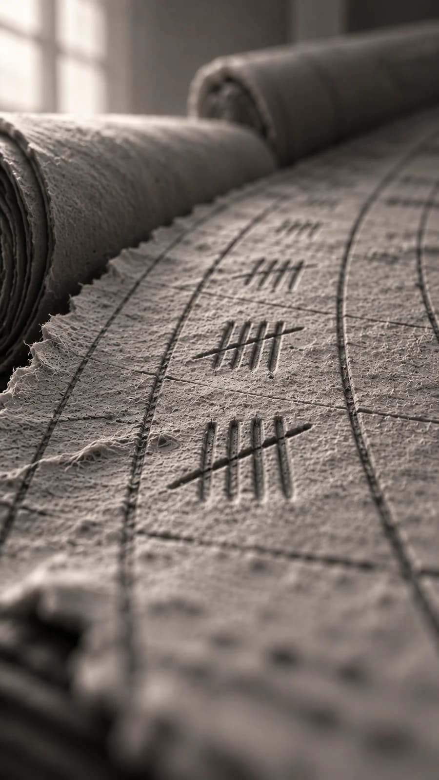 Close view of a clay ledger sheet with rows of tally marks and a rolled scroll behind it.