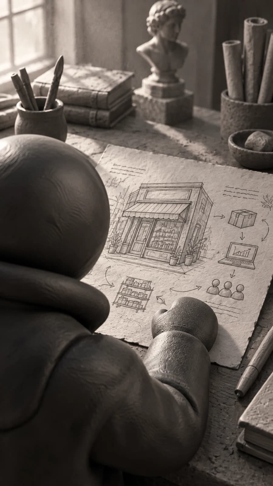 A clay figure sketches a storefront with arrows to boxes, a screen and people on paper.
