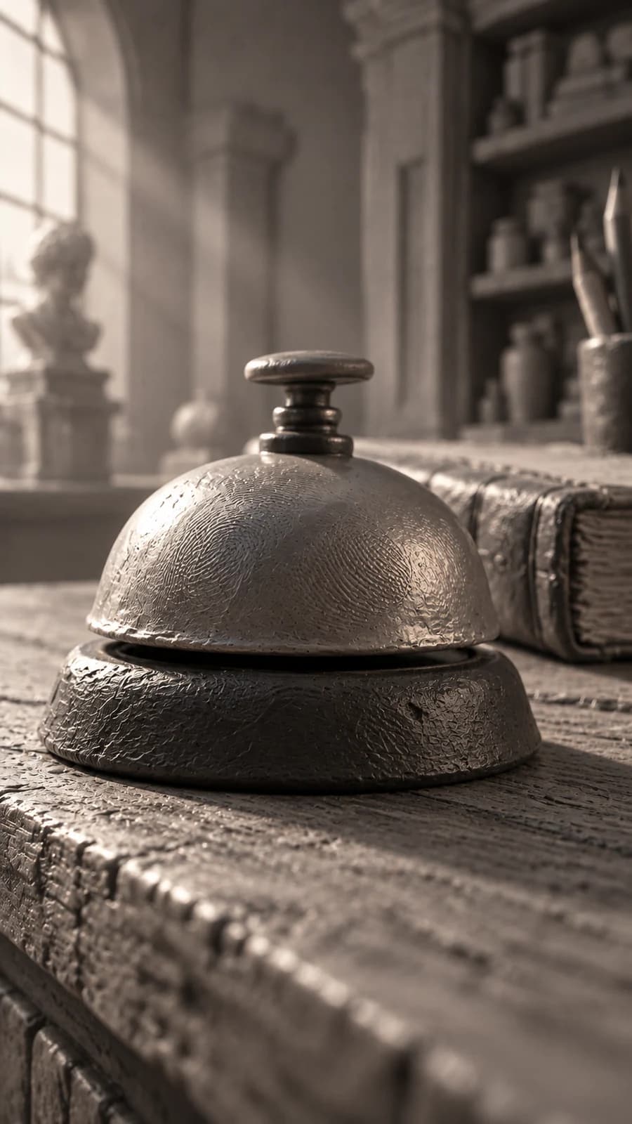A clay service bell on a worn counter, with a window, shelves and a bust glowing softly behind it.