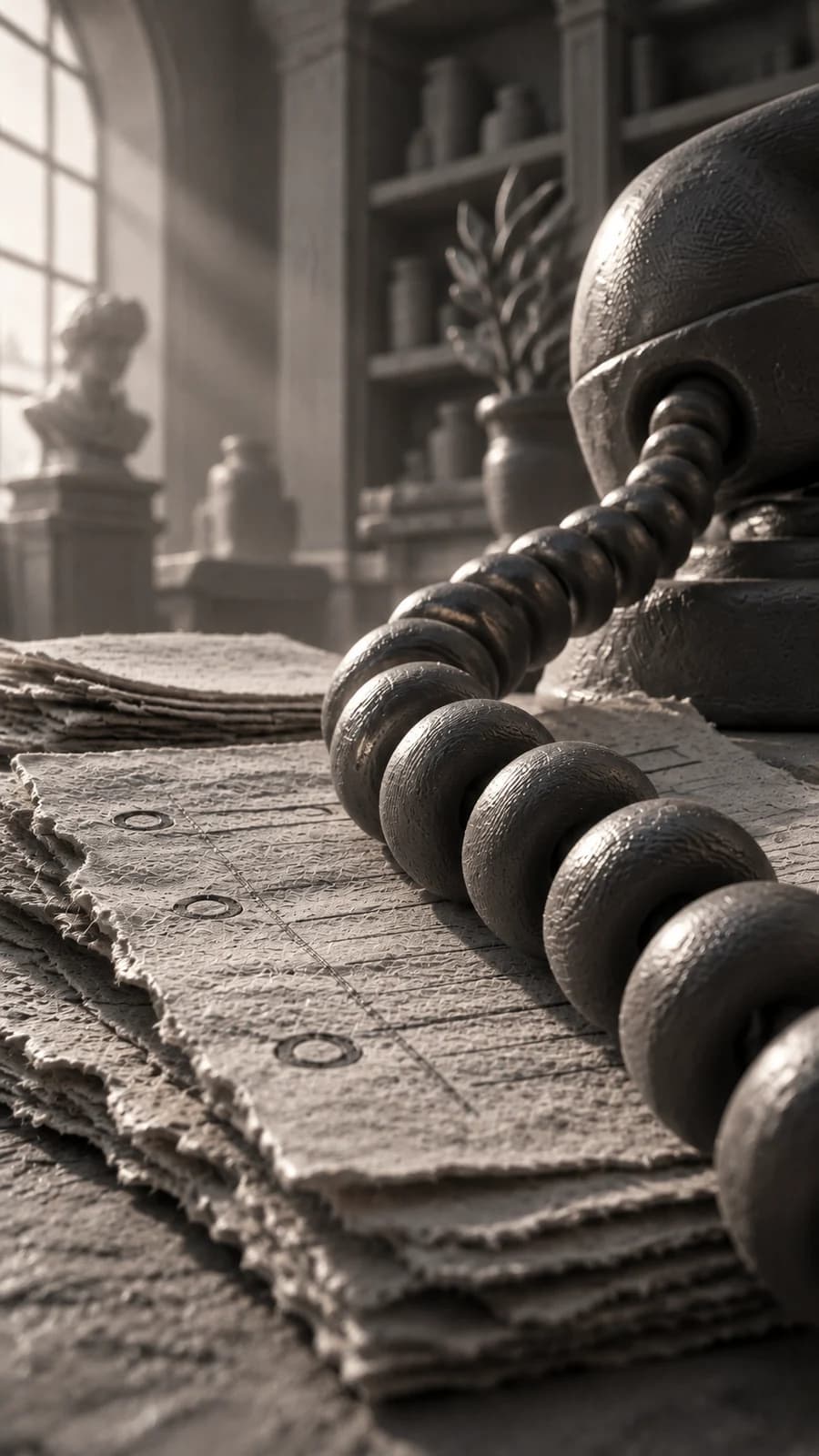 A coiled clay telephone cord rests on a stack of ruled paper slips in a quiet office.