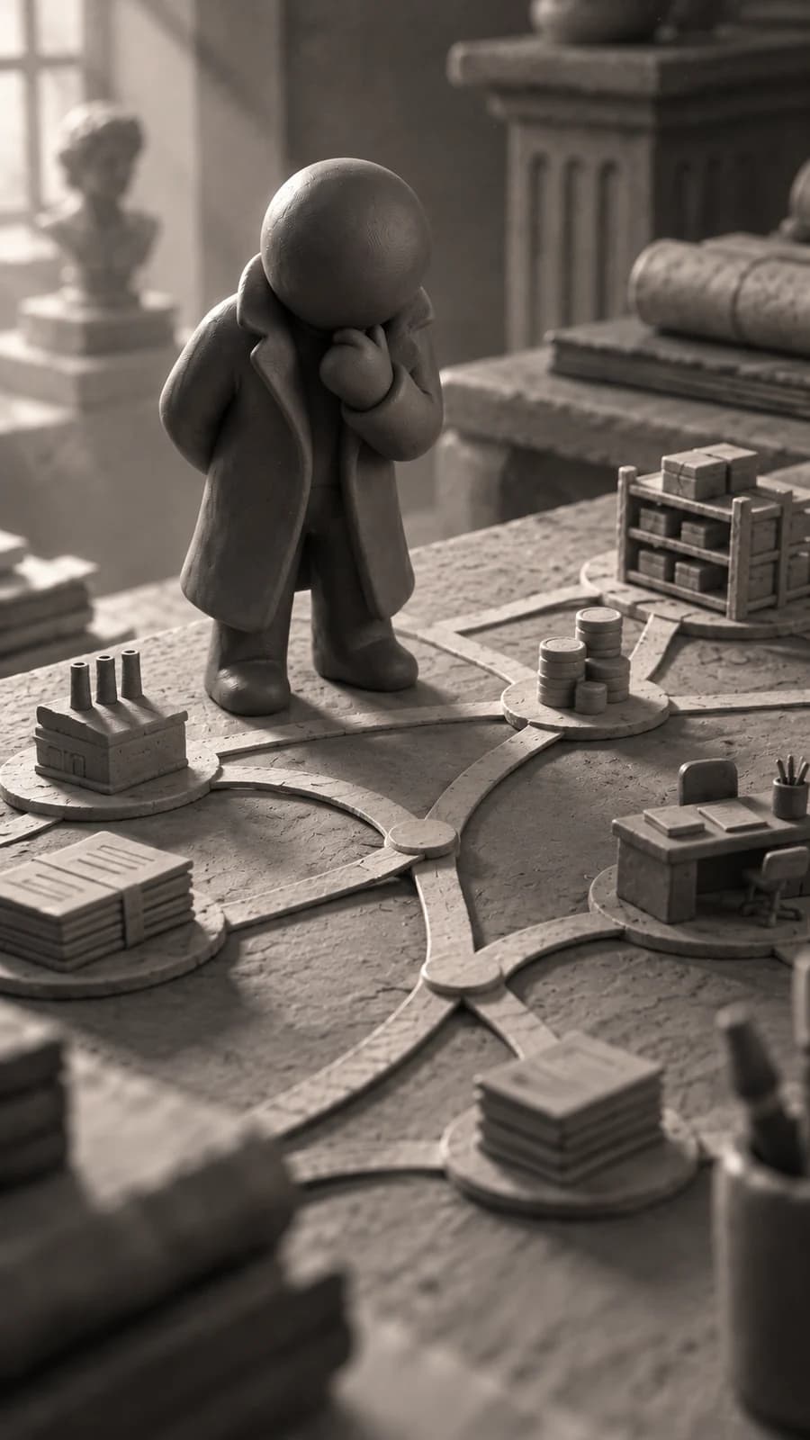 A clay figure stands over a branching clay path that links small stations, paper stacks and shelves.